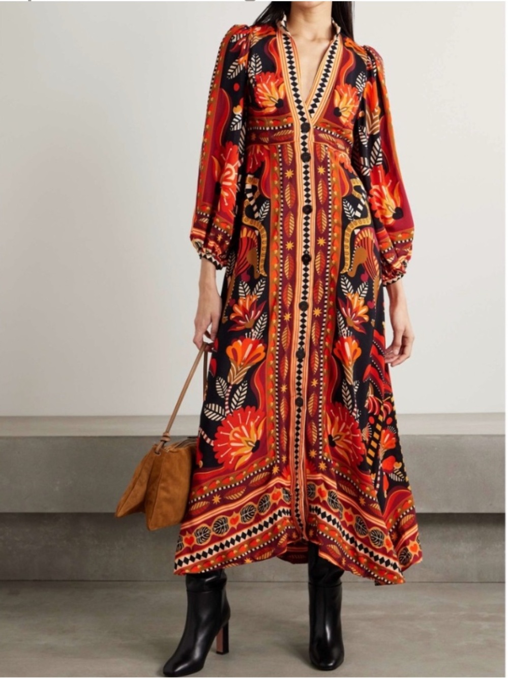 Farm Rio Red Nature Beauty Long Sleeve Scarf Maxi Dress M